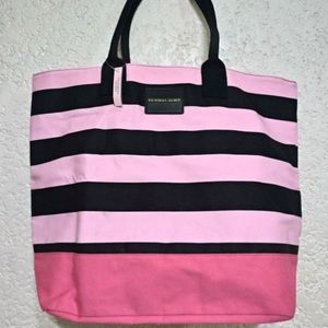 Victoria’s Secret pink and black striped tote bag